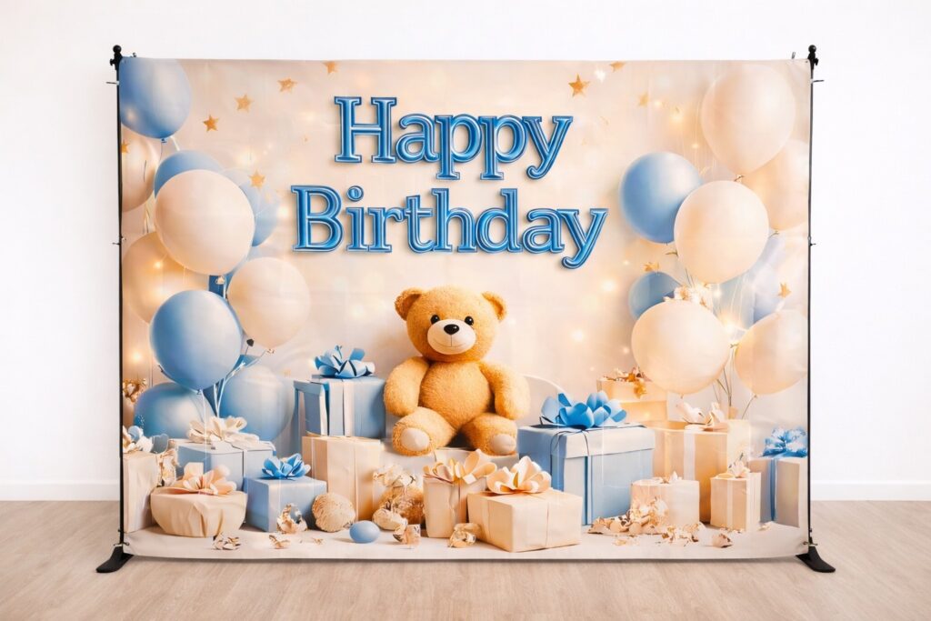 ścianka do zdjęć dla dzieci Poznań – dekoracja urodzinowa z misiem i balonami