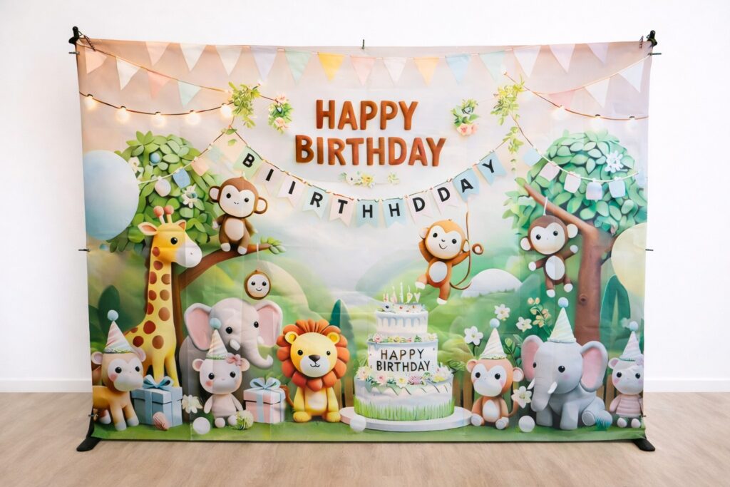 ścianka do zdjęć dla dzieci Poznań – motyw dżungli ze zwierzątkami na urodziny