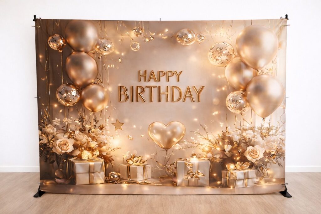 ścianka do zdjęć złota Poznań – elegancka ścianka urodzinowa na wynajem