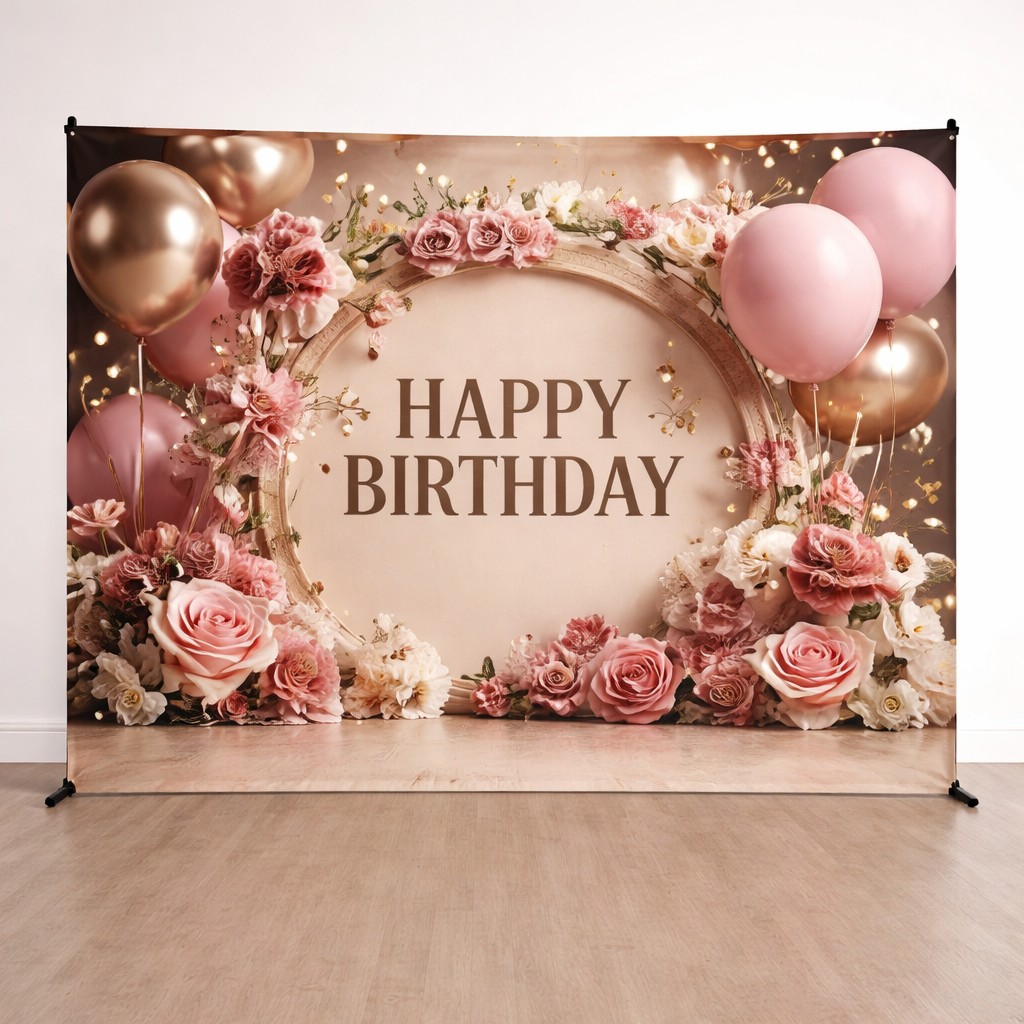 Ścianka urodzinowa różowa kwiatowa Happy Birthday Poznań Ścianka urodzinowa Happy Birthday Poznań